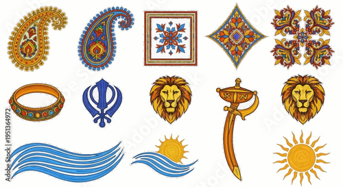 Collection of Indian cultural symbols and motifs, including paisleys, a Khanda, lions, suns, and a sword