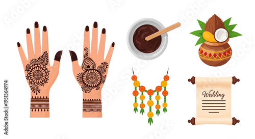 Traditional Indian wedding elements collection with henna decorated hands, auspicious ritual pot, colorful floral garland, and ceremony scroll