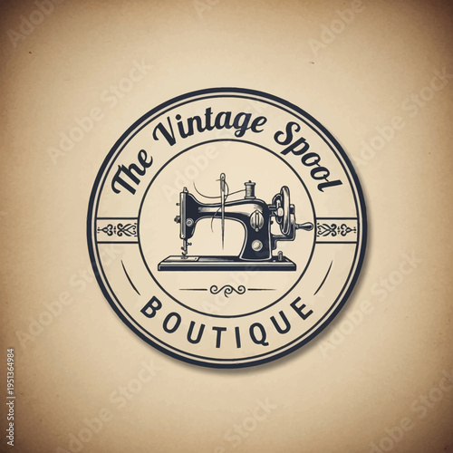 Vintage Sewing Machine Logo for The Vintage Spool Boutique Emblem on a Textured Beige Background