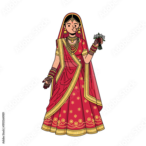 Indian Bride In Traditional Red Wedding Attire Holding A Small Bouquet Of Flowers