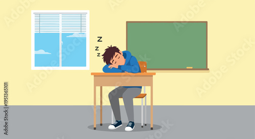 A student naps at a desk in a classroom with a window and chalkboard
