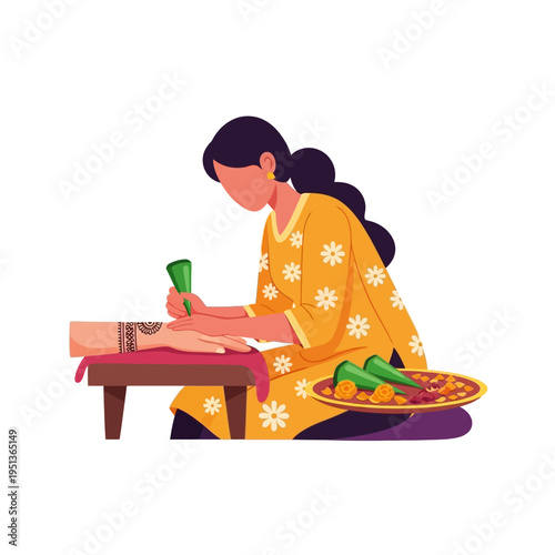 Henna artist applying intricate mehndi designs to a client's hand with a cone applicator