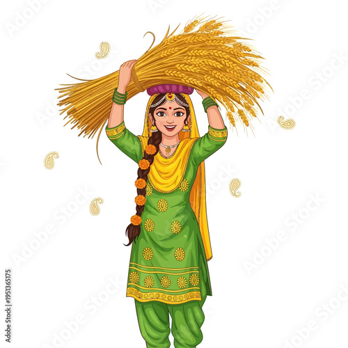 Joyful woman in vibrant traditional attire gracefully carrying a bountiful golden wheat harvest on her head, embodying prosperity and the rich agricultural heritage of her culture