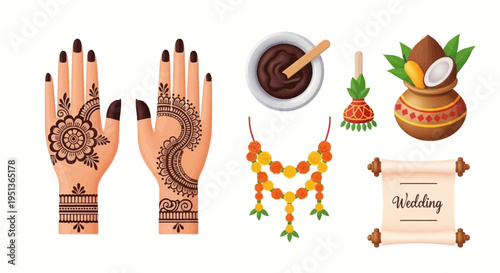 Illustrative set of essential Indian wedding ceremony items adorned mehndi hands, sacred kalash, vibrant flower garland, and a detailed invitation scroll