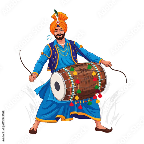 Dynamic illustration of a spirited Punjabi man in vibrant traditional attire, energetically playing the dhol drum with joy and passion, embodying cultural celebration and festive music