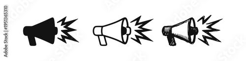 Megaphone icon set with different styles for announcement, communication, and public speaking.