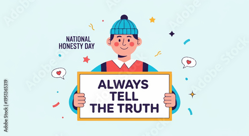 Man holding 'always tell the truth' sign on national honesty day promoting truthfulness and integrity with colorful confetti