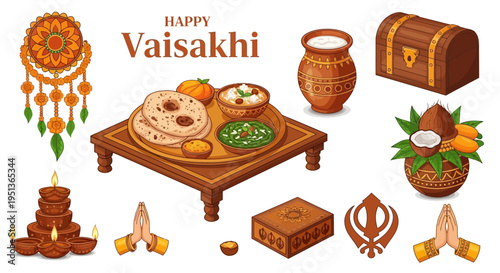 Vibrant Vaisakhi Festival Celebration Traditional Indian Cultural Elements, Festive Food, and Auspicious Symbols for Sikh New Year