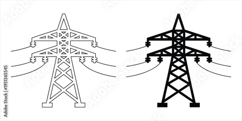 Outline and Solid Black Icons of Electricity Transmission Towers power pylon