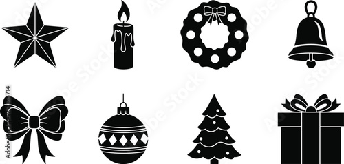 Christmas Decoration and Holiday Celebration Silhouette Set Including Star, Candle, Wreath, Bell, Ribbon Bow, Bauble Ornament, Pine Tree, and Gift Box