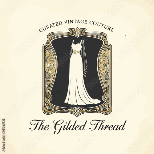 Elegant Wedding Dress Logo with Ornate Gilded Frame and "The Gilded Thread" Text for Curated Vintage Couture in Bright Studio.