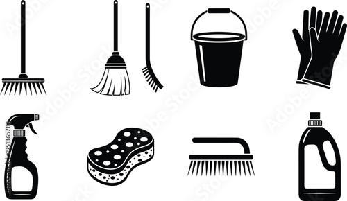 Cleaning Supplies and Housekeeping Tools Silhouette Set Including Brooms, Brushes, Bucket, Rubber Gloves, Spray Bottle, Scrubbing Sponge, and Detergent Bottle