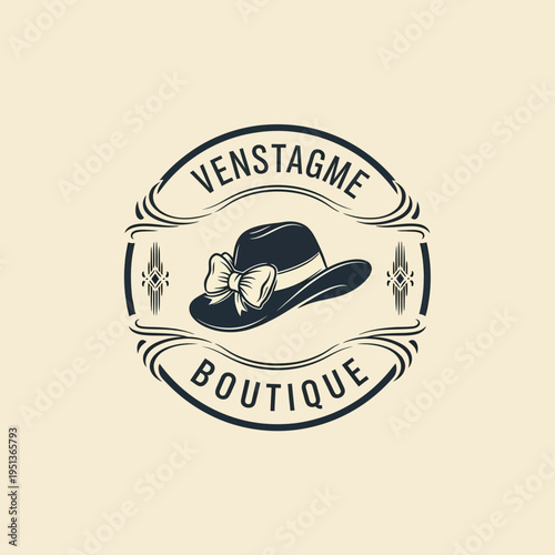 Elegant Vintage Hat Logo with Bow and "Boutique" Banner in Oval Frame in Bright Studio.