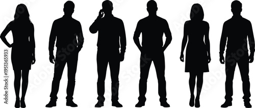 Black silhouette vector illustration of six diverse people standing in row, showing varied postures, clothing styles, human shapes, diversity, representation