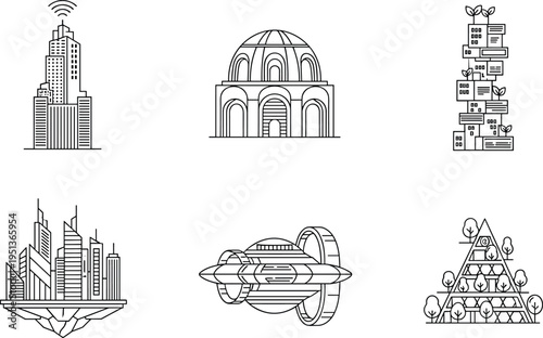 Futuristic City Architecture and Sci-Fi Building Line Art Set Including Smart Skyscraper, Dome Structure, Vertical Forest, Floating Island, and Spaceship