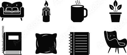 Cozy Living Room Reading Nook Silhouette Set Including Sofa, Candle, Coffee Mug, Potted Plant, Book, Cushion, Notebook, and Lounge Chair