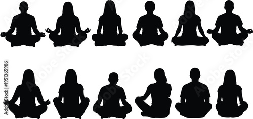 Black silhouette vector illustration of twelve people sitting cross-legged in meditation pose, representing mindfulness, calmness, yoga practice, unity, and 