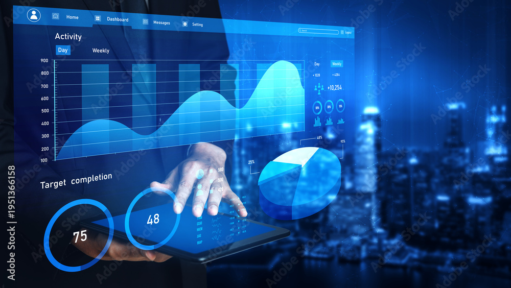 Obraz premium A business professional engages with a tablet displaying advanced data visualization in a modern urban office at night, showcasing insights and analytics. Impute