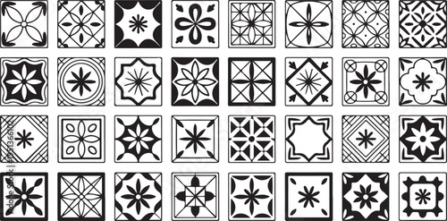 Set of various traditional geometric and floral patterned tiles for design and decoration purposes