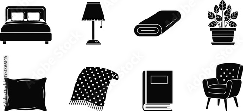 Bedroom Furniture and Cozy Home Decor Silhouette Set Including Bed, Table Lamp, Mattress, Potted Plant, Pillow, Polka Dot Blanket, Book, and Armchair