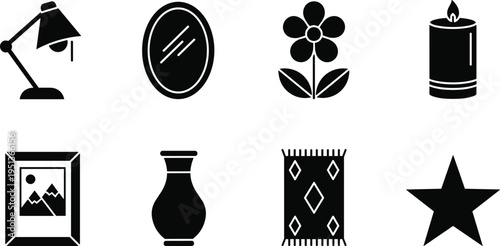 Home Decor and Interior Design Silhouette Set Including Desk Lamp, Oval Mirror, Flower, Scented Candle, Picture Frame, Vase, Rug, and Star