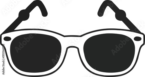 The image is a black and white illustration of a pair of sunglasses. The sunglasses have a classic wayfarer style frame, with rounded edges and a slightly trapezoidal shape. 