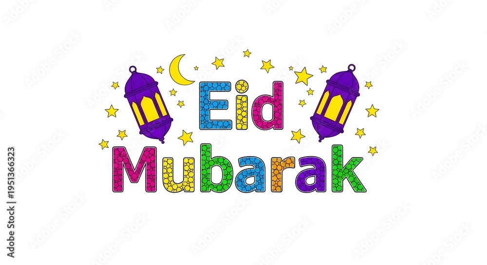 Fototapeta premium Eid mubarak festive greeting with colorful lanterns and stars