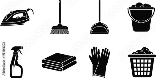 Cleaning Supplies and Household Chores Silhouette Set Including Iron, Broom, Dustpan, Bucket, Spray Bottle, Folded Towels, Rubber Gloves, and Laundry Basket