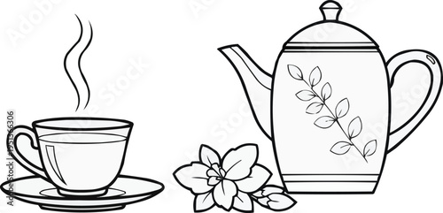 The image is a black and white line drawing featuring a tea set. 