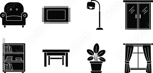 Modern Living Room Furniture Silhouette Set Including Armchair, Rug, Floor Lamp, Wardrobe, Bookshelf, Wooden Table, Potted Plant, and Window Curtains