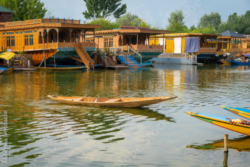 Traditional Ornate Houseboats and Shikara Boats on Dal Lake in Srinagar Kashmir