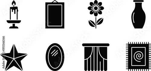 Home Decor and Interior Accessories Silhouette Set Including Candle, Picture Frame, Flower, Vase, Star, Oval Mirror, Window Curtain, and Rug