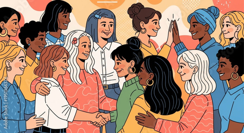 Diverse group of women friends smiling and hugging.