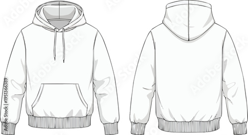 The image shows a technical flat sketch of a white hoodie, presented in both front and back views. Here's a breakdown: