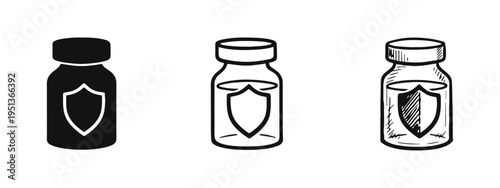 Vaccine or medication bottle with shield icon in three styles, representing immunity, protection, and defense.