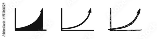 Exponential growth graph with upward arrow in three styles, depicting rapid progress and increasing values.