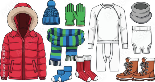 The image is a colorful illustration of various winter clothing items, arranged in a neat and organized manner. Here's a breakdown: