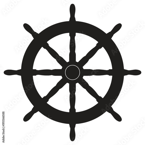 A black silhouette of a classic nautical ships steering wheel with eight spokes radiating from the center to the outer rim providing a strong graphic element for maritime themes