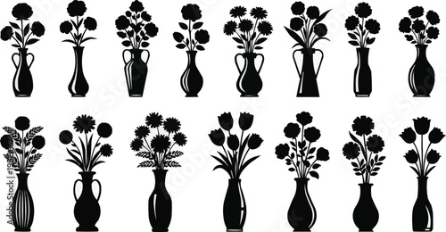 The image is a collection of black and white silhouettes of various flower arrangements in vases. There are 14 different arrangements displayed in a grid format. 