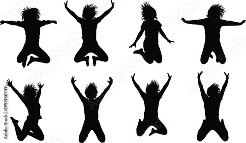 Dynamic black silhouette vector illustration of eight people jumping in joyful energetic poses, celebrating freedom, happiness, excitement, vitality, and active lifestyle movement