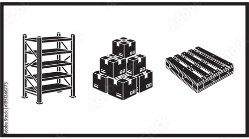 Warehouse Storage Rack and Boxes on Pallets for Logistics and Supply Chain Concepts