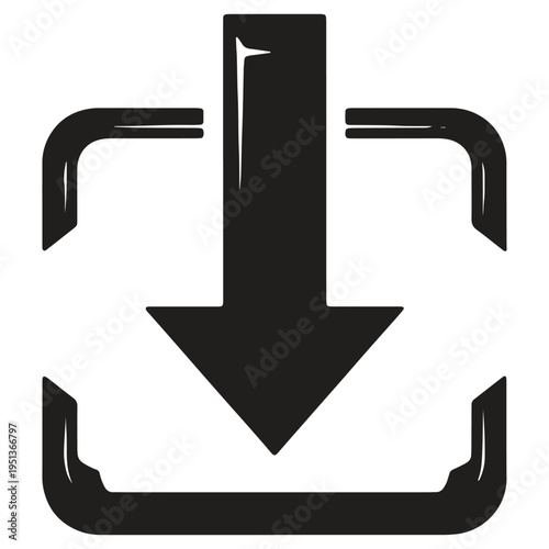 A bold black stylized downward pointing arrow symbol within a simplified inbox or download box graphic representing a digital data transfer or file saving action