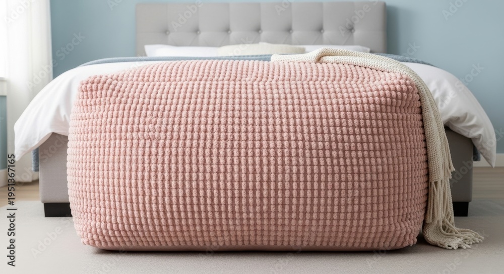 Naklejka premium Soft oversized chenille pouf placed at the foot of a bed with a tufted headboard
