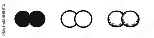 Two overlapping circles icon in three styles, representing connection, relationship, bond, and abstract concept.