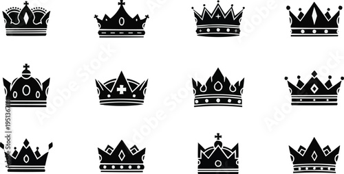 The image is a collection of twelve different crown designs, all rendered in black and white. They appear to be stylized or simplified representations, possibly icons or graphic elements