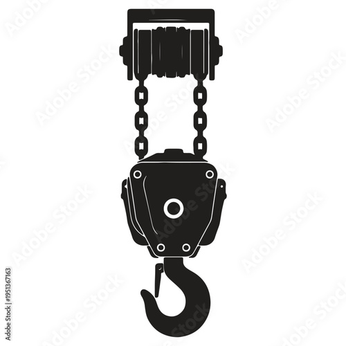 A heavy duty industrial hoist with a large hook and strong chain assembly is depicted as a black silhouette isolated on a clean white background ready for lifting and material handling tasks