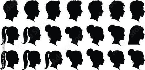 Male and female head profile silhouettes vector illustration showcasing diverse hairstyles, facial outlines, human identity, design elements, 