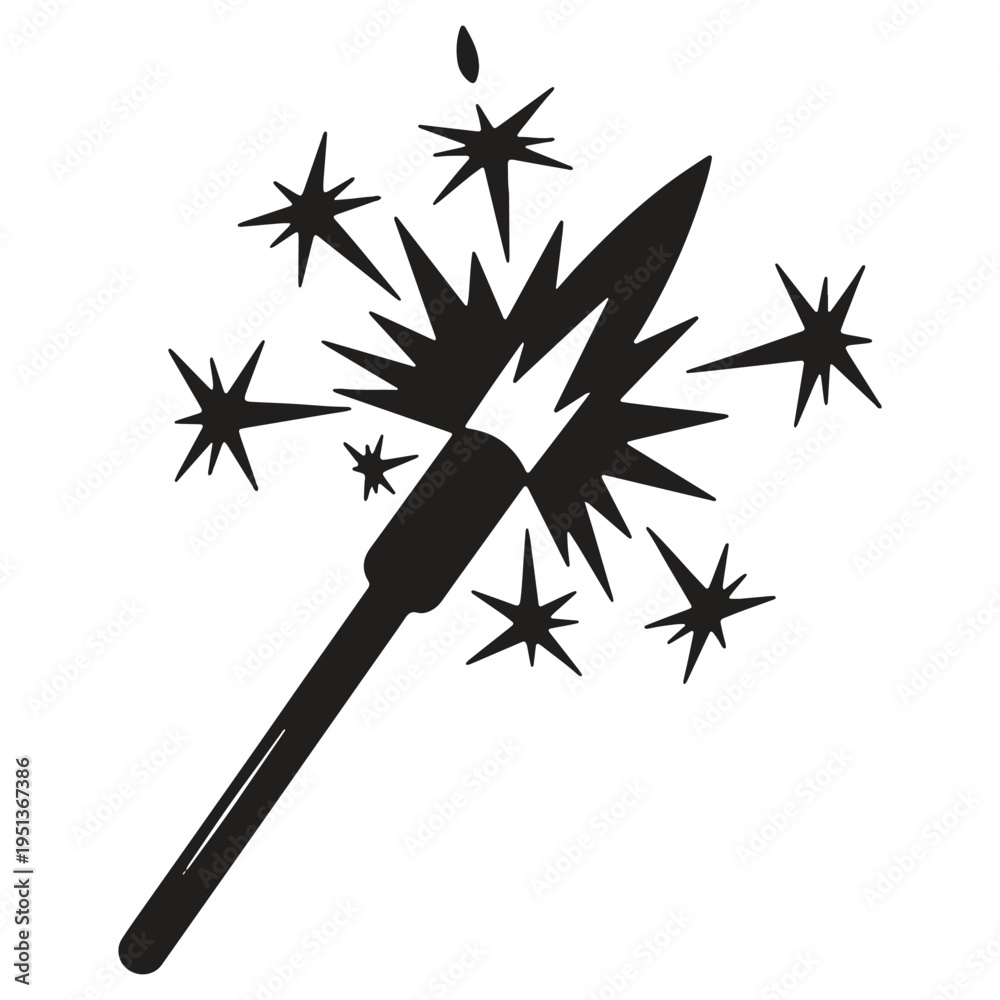 Fototapeta premium A simple black graphic illustration of a sparkler firework with multiple radiant starbursts and sparks erupting from the burning tip isolated on a plain white background