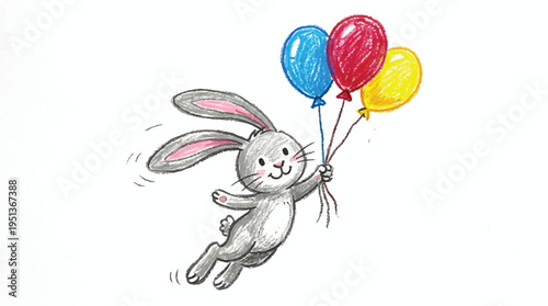 A cute gray bunny happily floating in air with colorful balloons