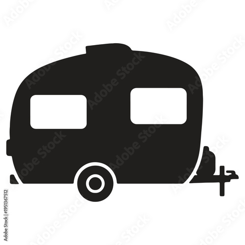 A simple black silhouette of a vintagestyle travel trailer RV with a single wheel on the side and a hitch isolated on a white background perfect for travel or lifestyle graphics